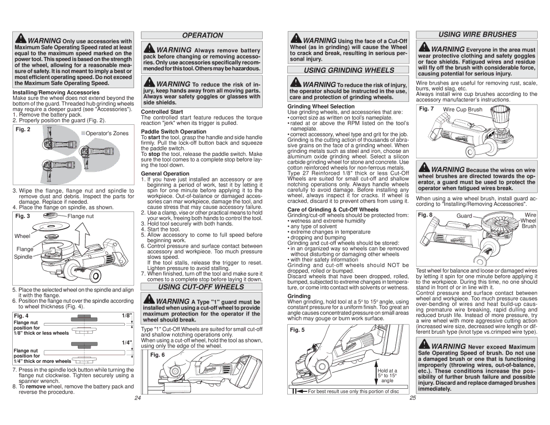 Milwaukee 2680-059 manual Operation Using Grinding Wheels Using Wire Brushes, Using CUT-OFF Wheels 