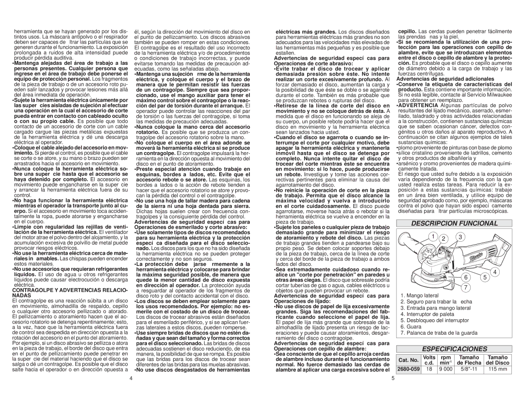 Milwaukee manual Descripcion Funcional, Especificaciones, Cat. No, 2680-059 000 115 mm 