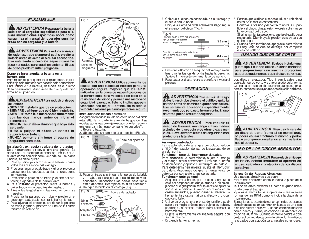 Milwaukee 2680-059 manual Ensamblaje, Operacion, Usando Discos DE Corte, USO DE LOS Discos Abrasivos 