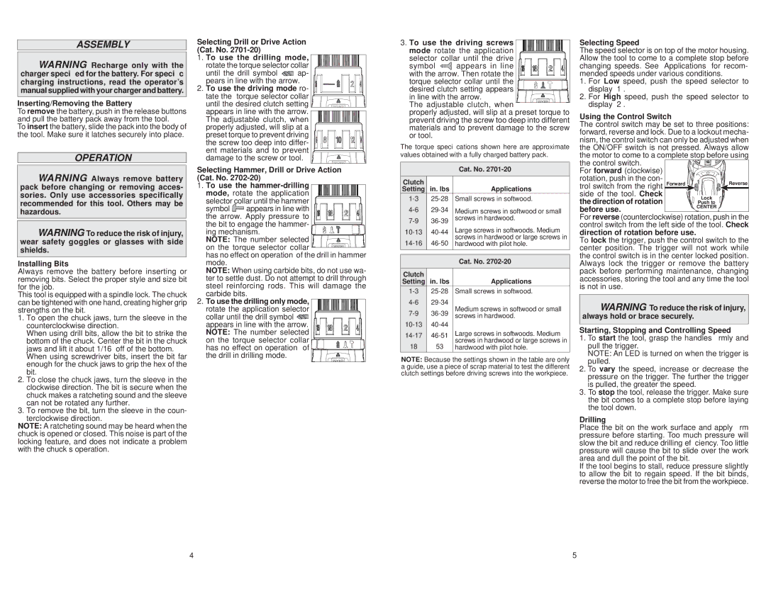 Milwaukee 2702-20, 2701-20 manual Assembly, Operation 