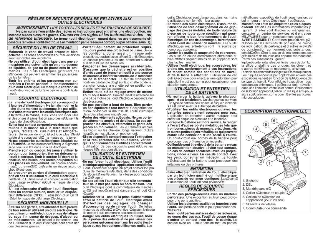 Milwaukee 2702-20, 2701-20 manual Sécurité DU Lieu DE Travail, Sécurité Électrique, Sécurité Individuelle, Entretien 