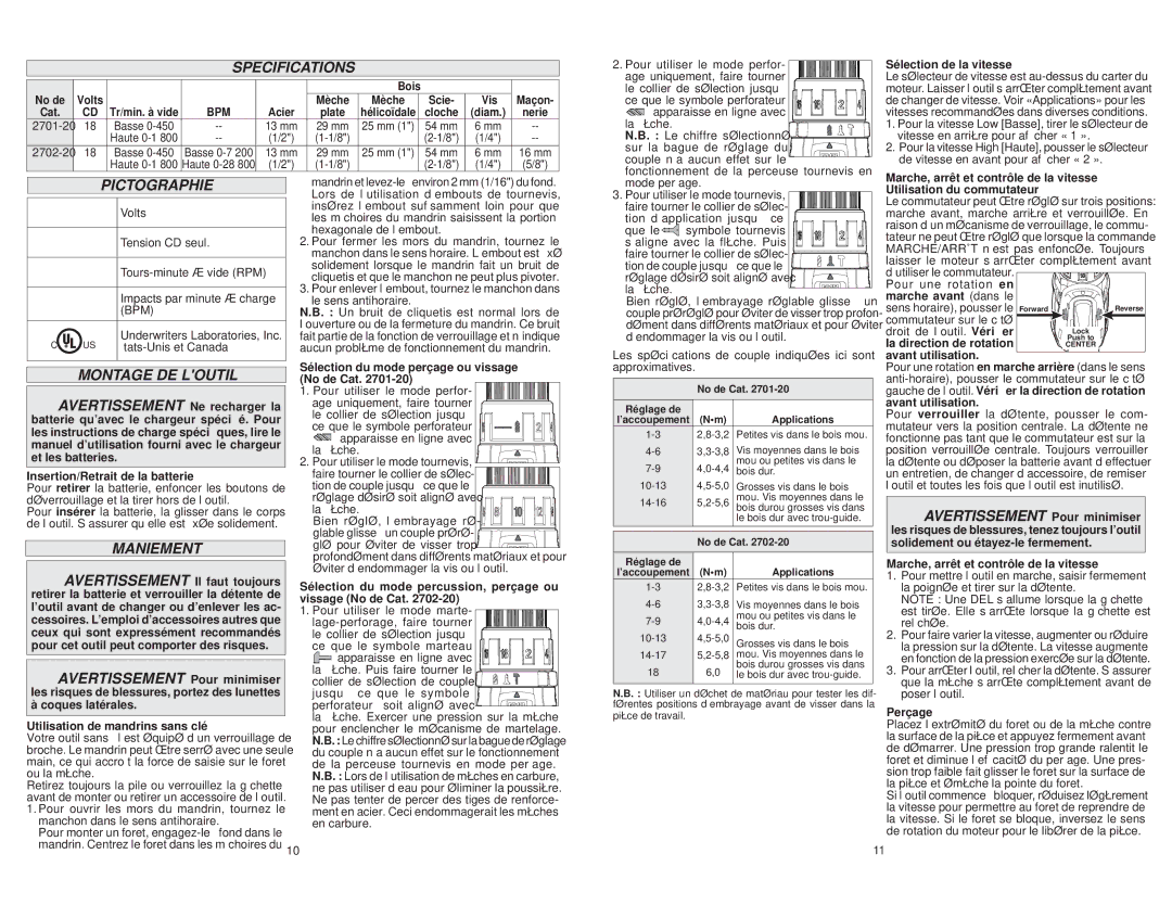 Milwaukee 2701-20, 2702-20 manual Pictographie, Montage DE Loutil, Maniement 