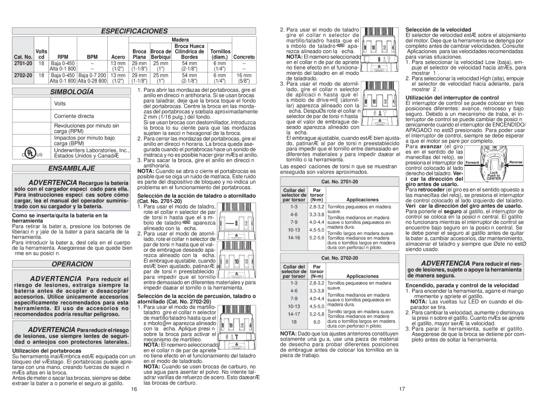 Milwaukee 2702-20, 2701-20 manual Especificaciones, Simbología, Ensamblaje, Operacion 