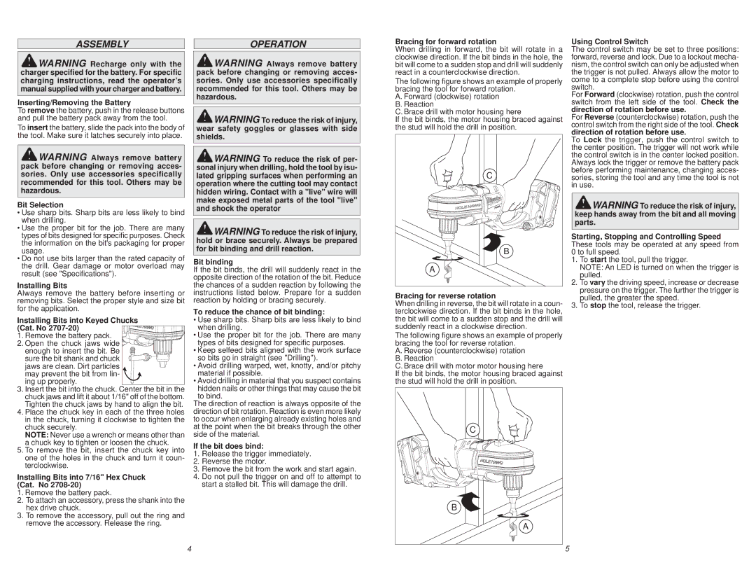 Milwaukee 2707-20, 2708-20 manual Assembly Operation 