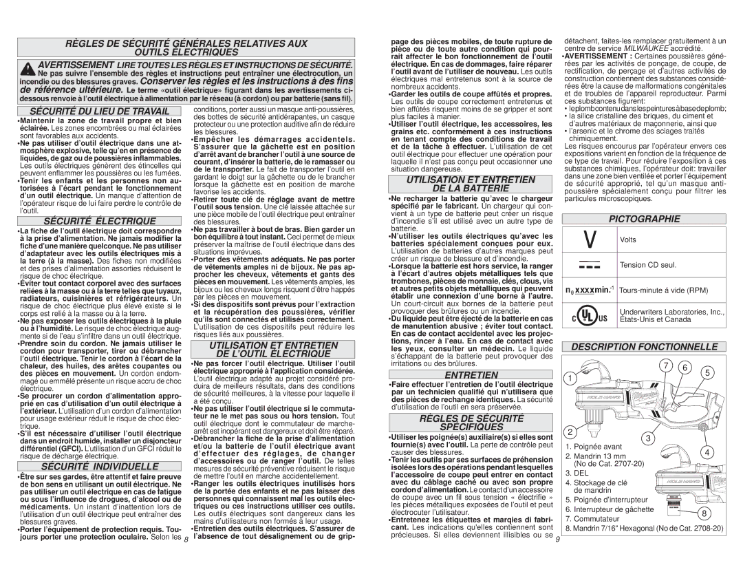 Milwaukee 2707-20 manual Sécurité DU Lieu DE Travail, Sécurité Électrique, Sécurité Individuelle, Entretien, Pictographie 