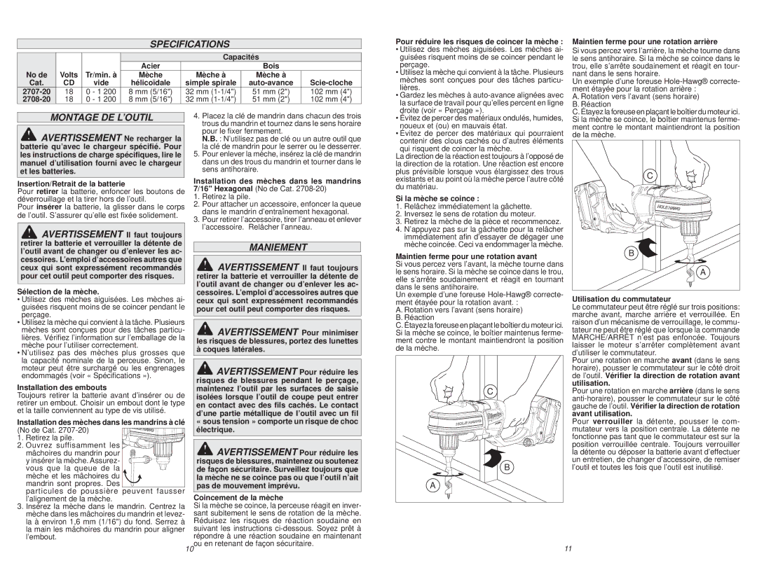 Milwaukee 2708-20, 2707-20 manual Montage DE L’OUTIL, Maniement 