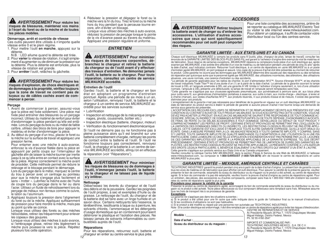 Milwaukee 2707-20, 2708-20 manual Accesoires, Garantie Limitée MEXIQUE, Amérique Centrale ET Caraïbes 