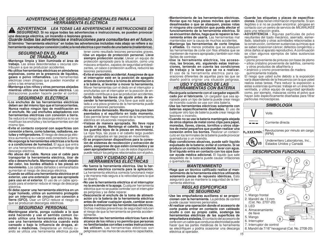 Milwaukee 2708-20 Seguridad EN EL Área DE Trabajo, Seguridad Eléctrica, Seguridad Personal, Mantenimiento, Simbología 