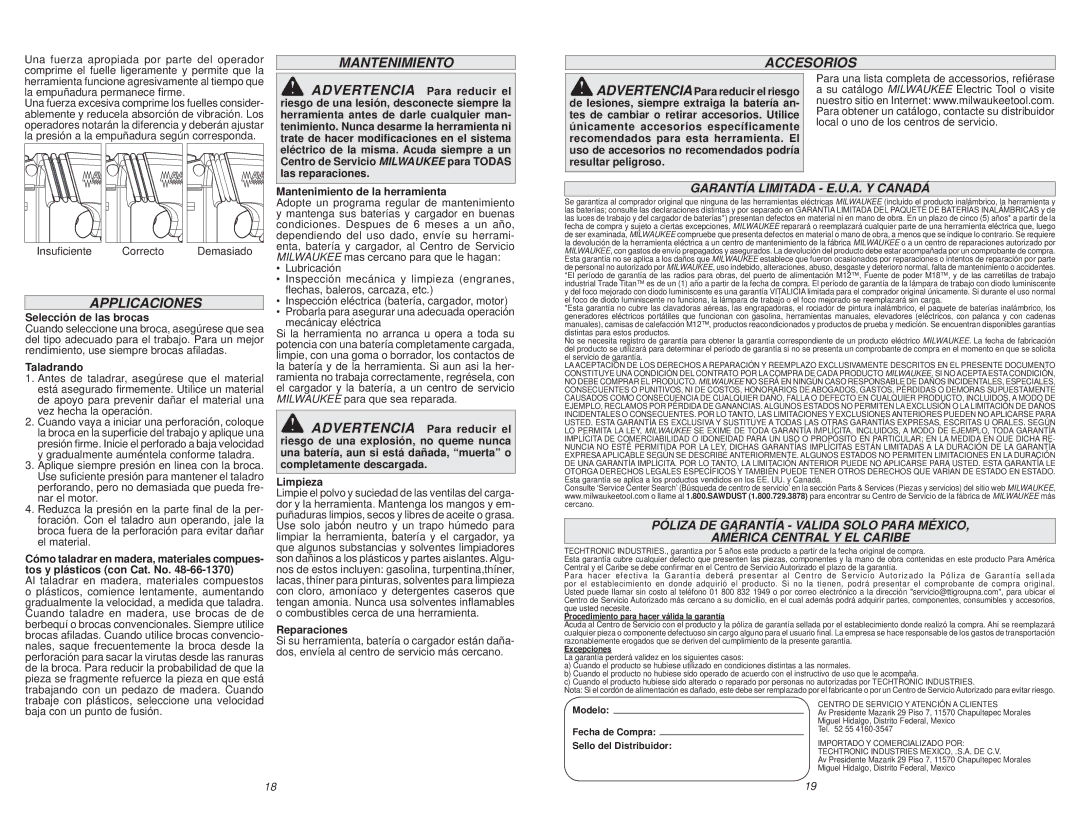 Milwaukee 2712-20 manual Mantenimiento Accesorios, Applicaciones, Garantía Limitada E.U.A. Y Canadá 