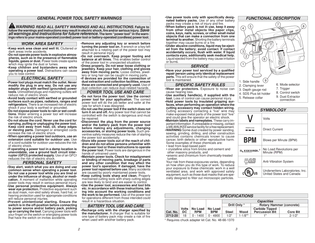 Milwaukee 2712-20 General Power Tool Safety Warnings, Functional Description Work Area Safety, Electrical Safety, Service 