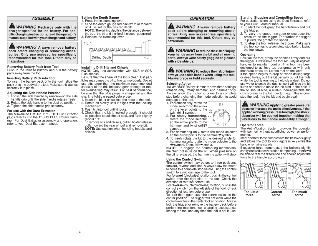 Milwaukee 2712-20 manual Assembly, Operation 