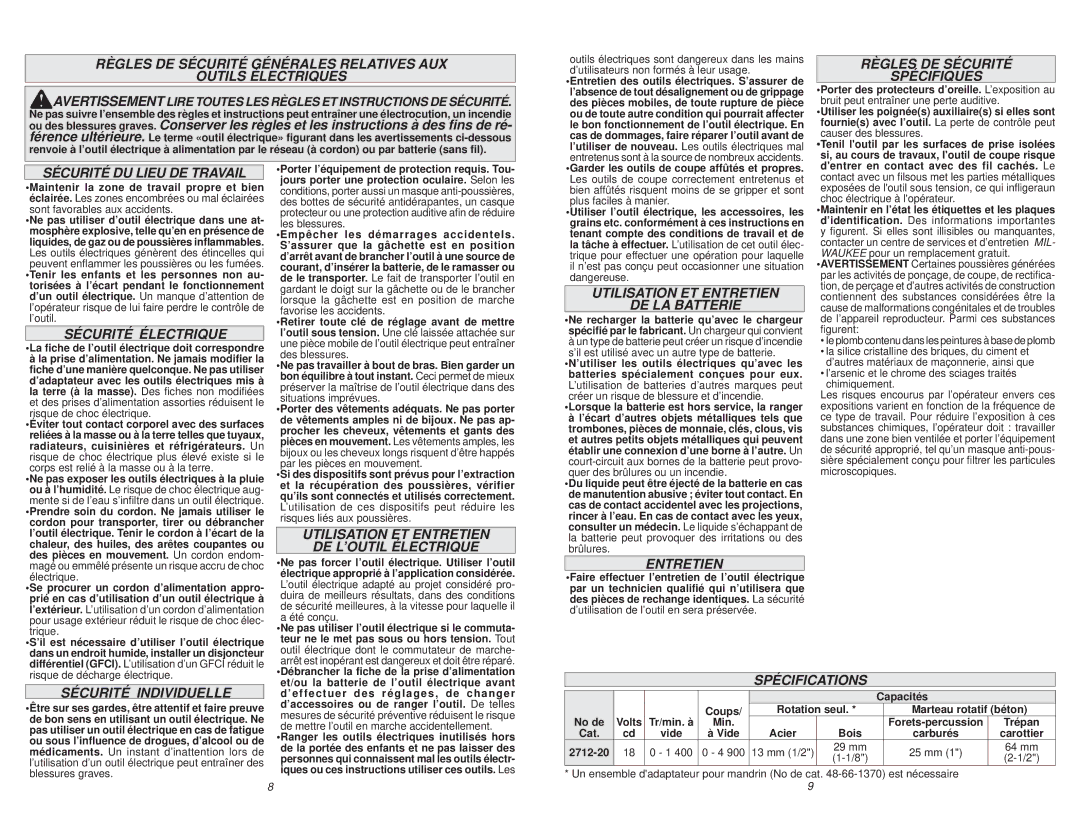 Milwaukee 2712-20 manual Règles DE Sécurité Spécifiques, Sécurité DU Lieu DE Travail, Sécurité Électrique, Entretien 