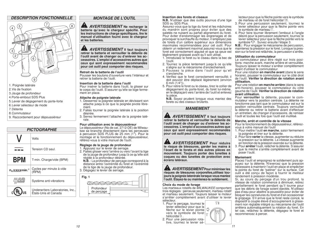 Milwaukee 2712-20 manual Description Fonctionnelle, Pictographie, Montage DE L’OUTIL, Maniement 
