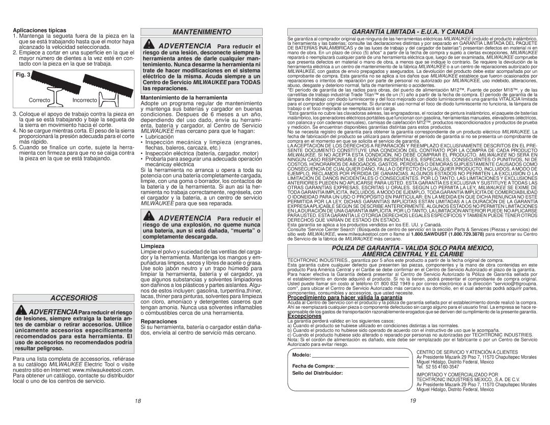 Milwaukee 2729-20 manual Accesorios, Garantía Limitada E.U.A. Y Canadá 