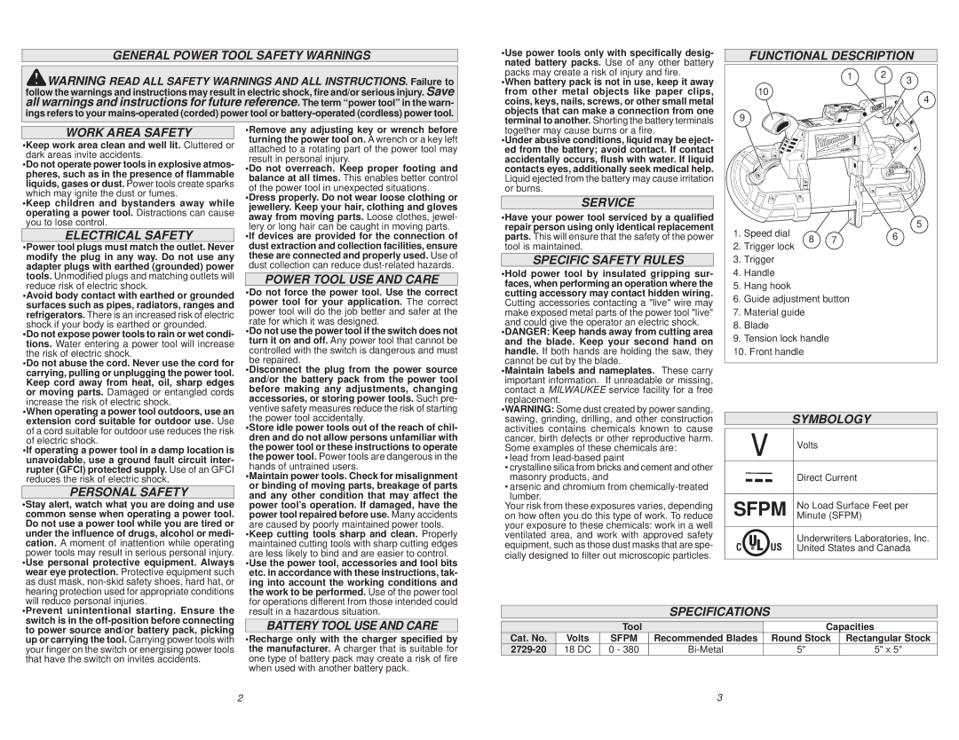 Milwaukee 2729-20 General Power Tool Safety Warnings, Functional Description Work Area Safety, Electrical Safety, Service 