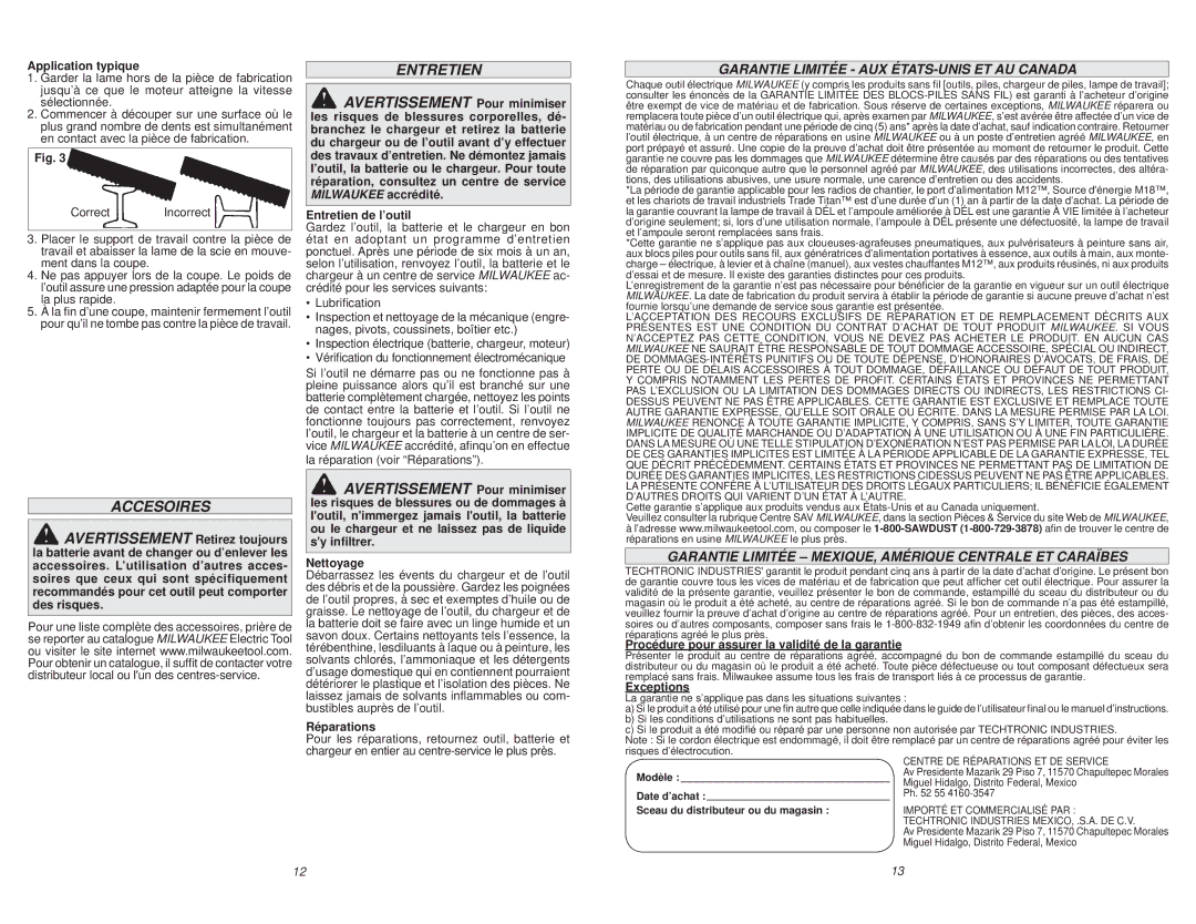 Milwaukee 2729-20 manual Accesoires, Garantie Limitée AUX ÉTATS-UNIS ET AU Canada 