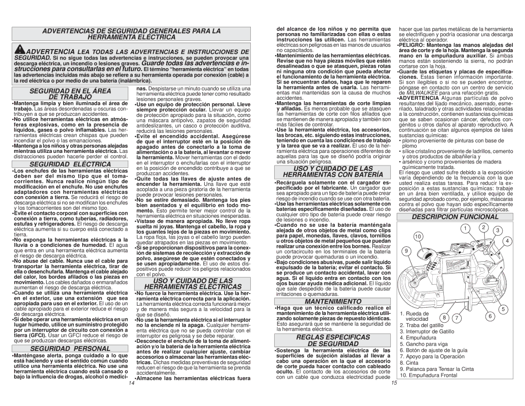 Milwaukee 2729-20 manual Seguridad EN EL Área DE Trabajo, Seguridad Eléctrica, Seguridad Personal, Mantenimiento 