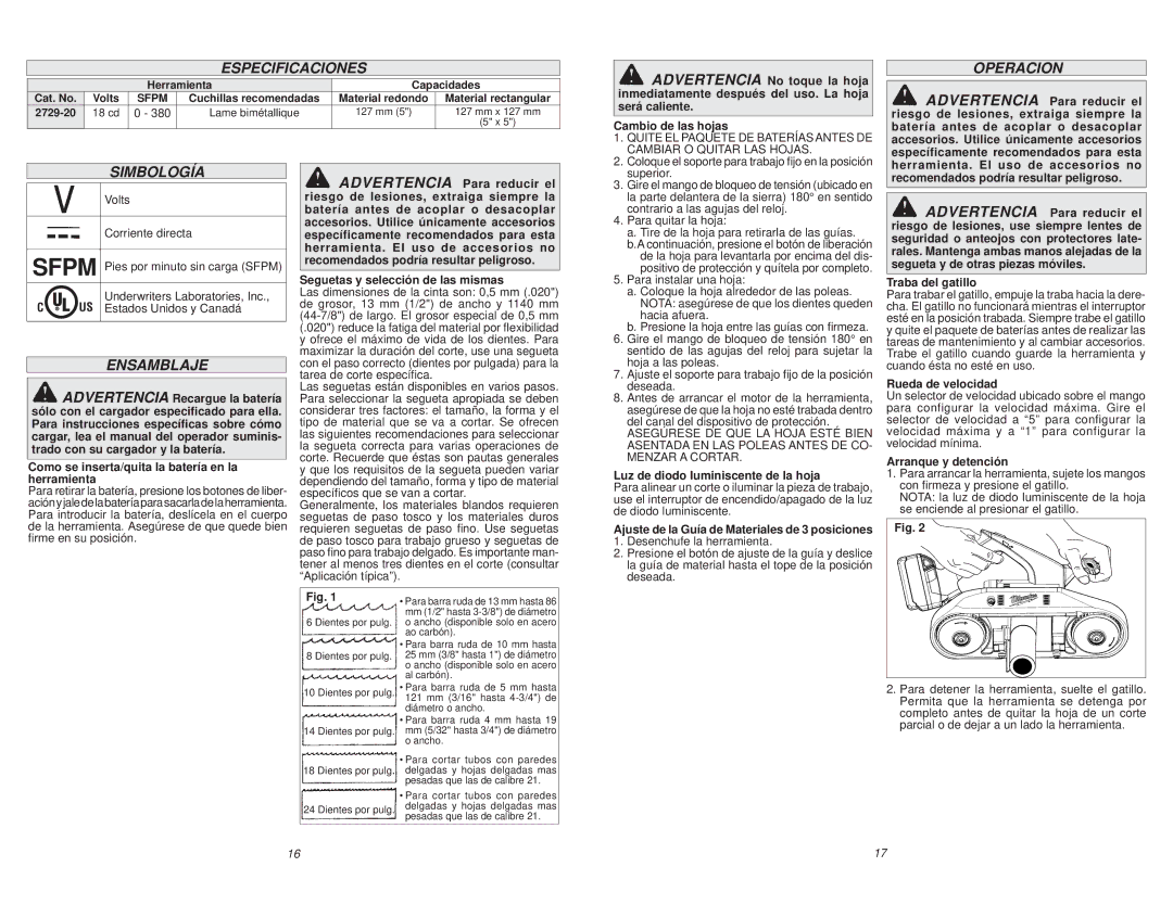 Milwaukee 2729-20 manual Especificaciones, Operacion, Simbología, Ensamblaje 