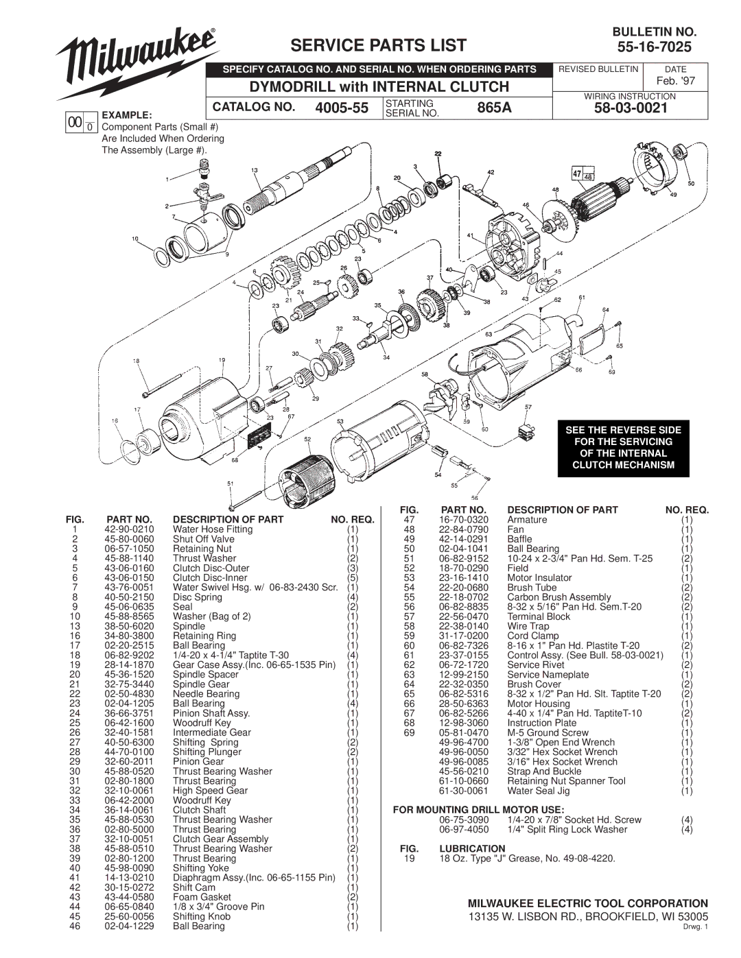 Milwaukee 4005-55 manual Service Parts List, 55-16-7025, 865A 58-03-0021, Catalog no 