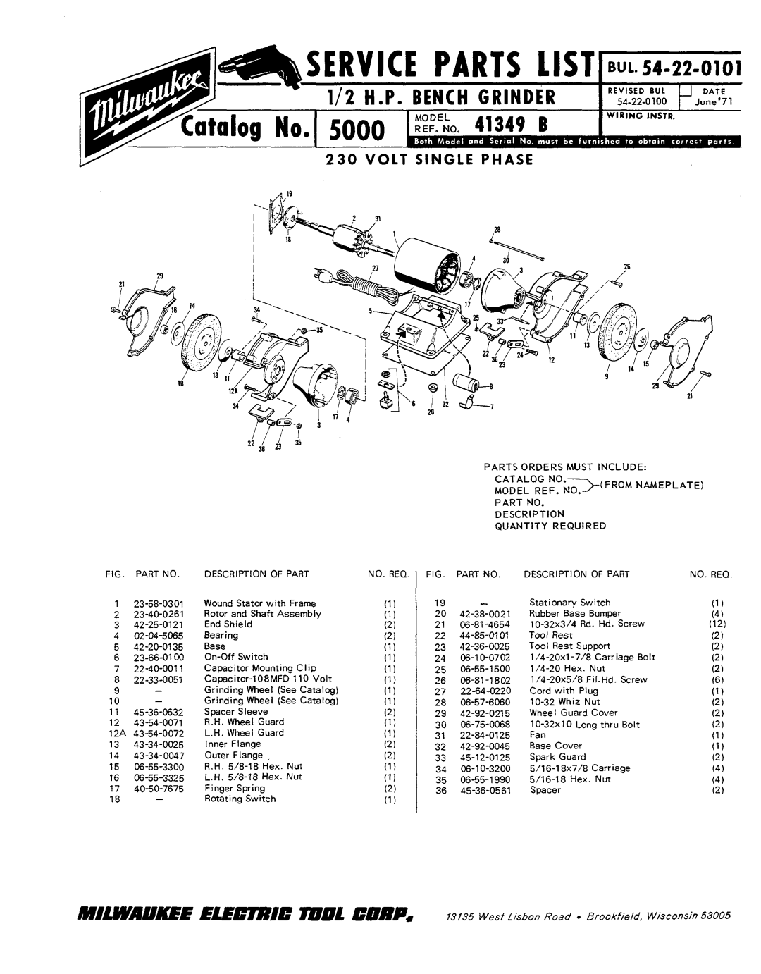 Milwaukee 41349 B manual Parts Orders Must Include, Description Quantity Required, Description of Part, No. Req 