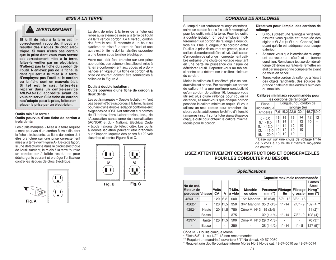 Milwaukee 4203, 4208-1, 4292-1, 4262-1, 4253-1, 4297-1, 4210-1 Mise a LA Terre Cordons DE Rallonge Avertissement, Spéciﬁcations 