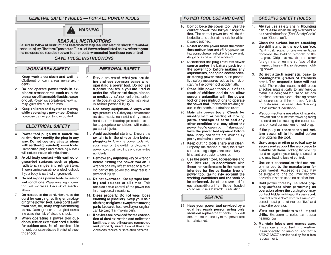 Milwaukee 4292-1, 4203 Power Tool USE and Care, Specific Safety Rules, Work Area Safety, Electrical Safety Personal Safety 