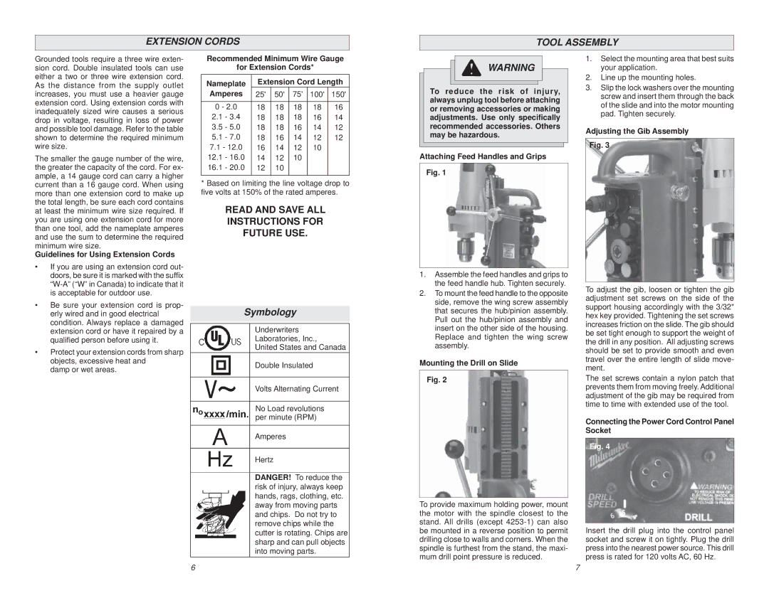 Milwaukee 4253-1, 4208-1, 4203, 4292-1, 4262-1, 4297-1, 4210-1, 4206-1, 4204-1, 4202 manual Extension Cords Tool Assembly, Symbology 