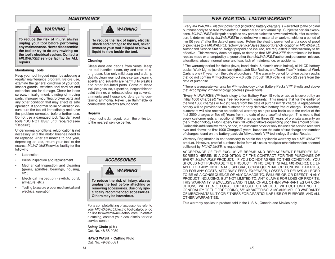 Milwaukee 4204-1, 4208-1, 4203, 4292-1, 4262-1, 4253-1, 4297-1, 4210-1 Maintenance Five Year Tool Limited Warranty, Accessories 