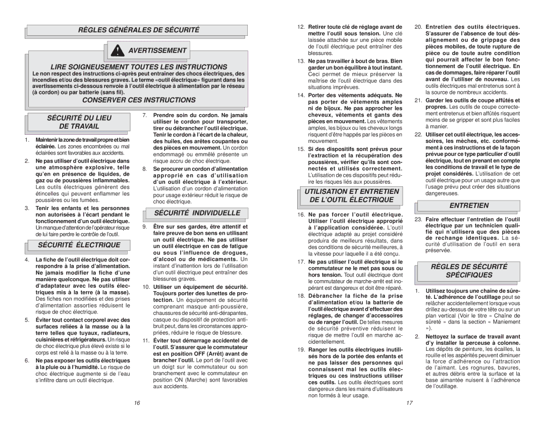 Milwaukee 4202, 4208-1 Conserver CES Instructions, Sécurité DU Lieu DE Travail, Sécurité Électrique, Sécurité Individuelle 