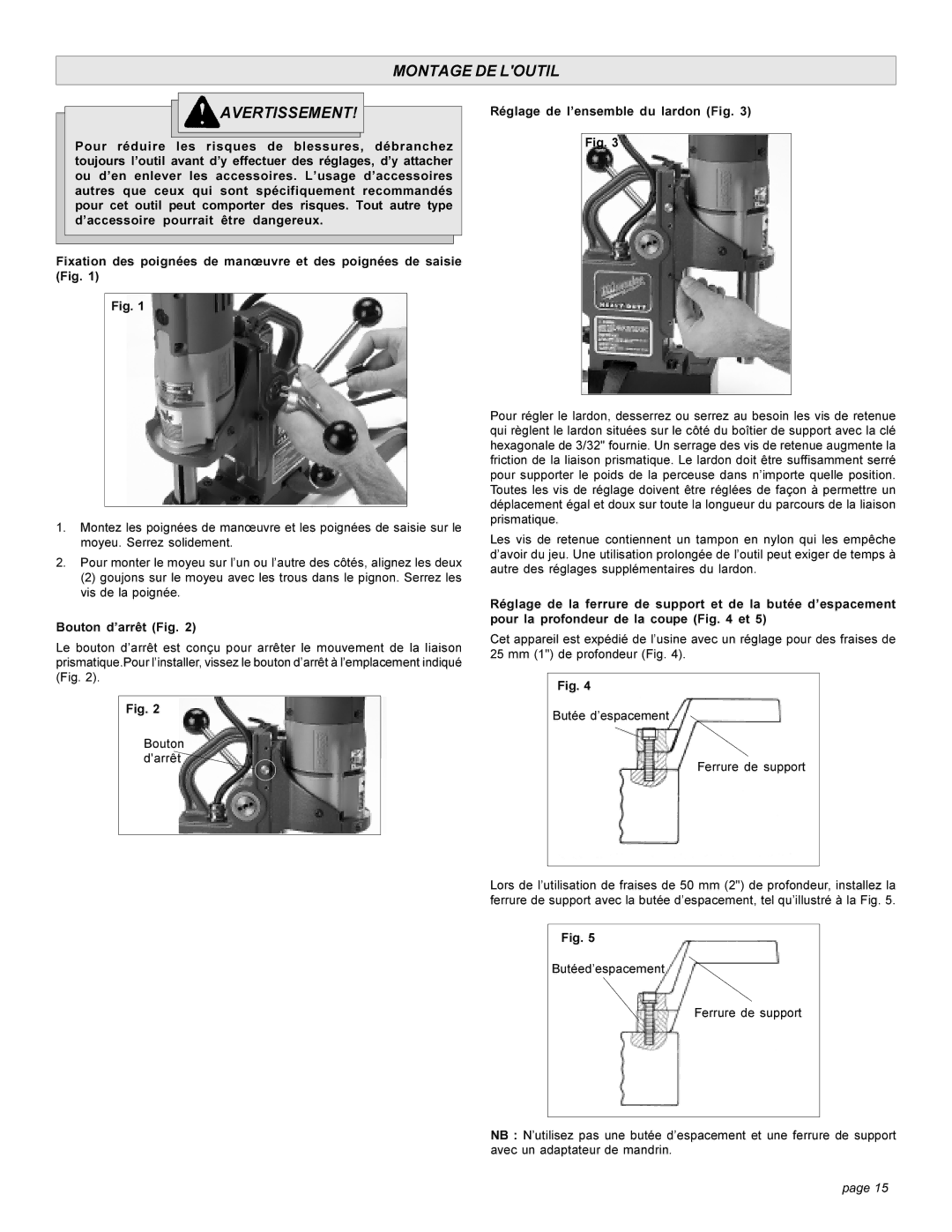 Milwaukee 4270-20 manual Montage DE Loutil Avertissement, Bouton d’arrêt Fig, Réglage de l’ensemble du lardon Fig 