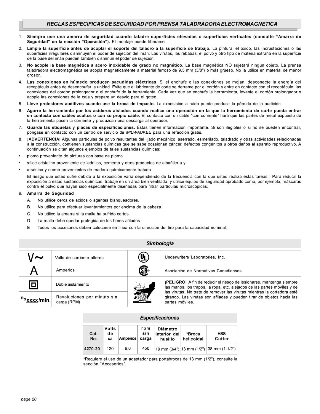 Milwaukee 4270-20 manual Amarra de Seguridad, Volts Rpm Diámetro Cat Sin Interior del Broca 