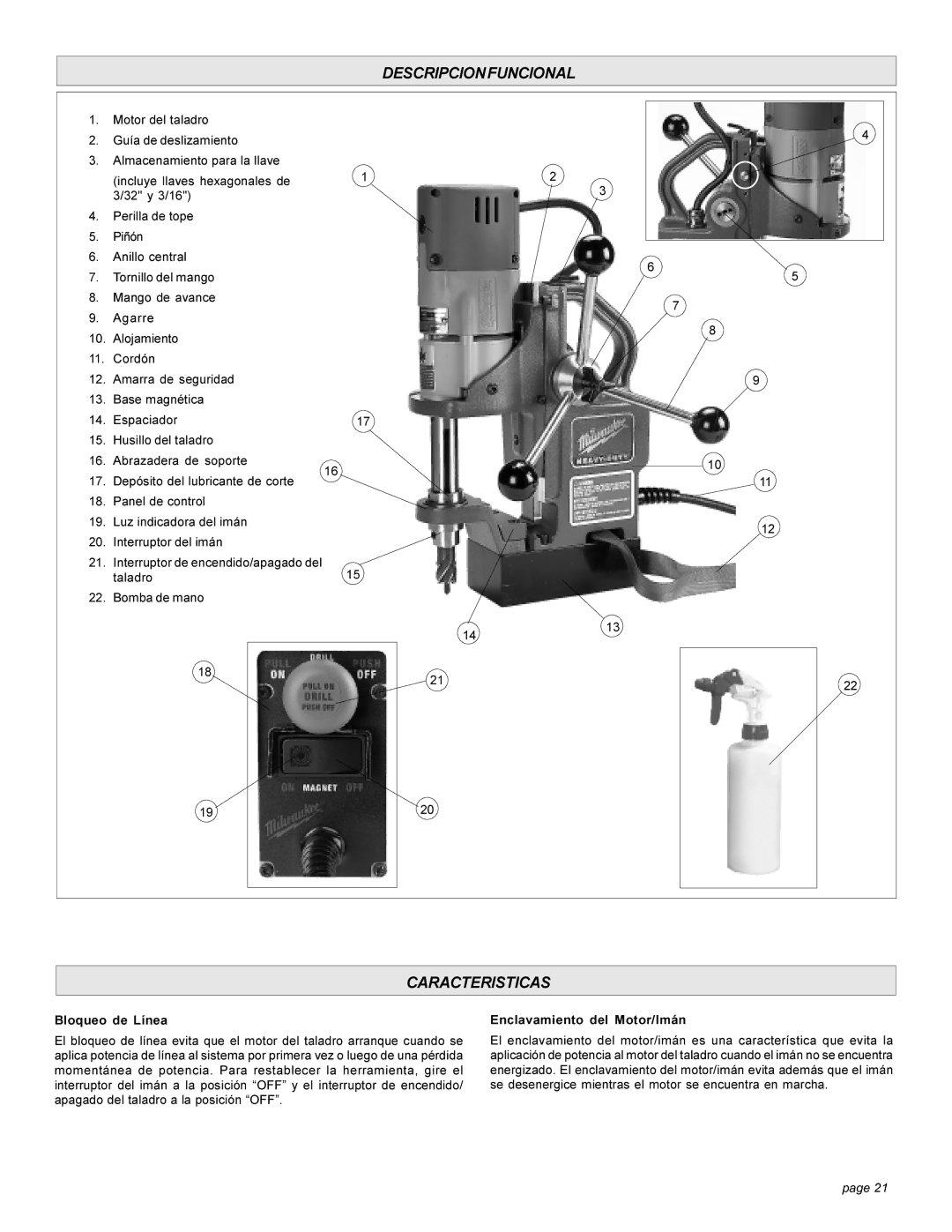 Milwaukee 4270-20 manual Descripcionfuncional, Caracteristicas, Bloqueo de Línea, Enclavamiento del Motor/Imán 