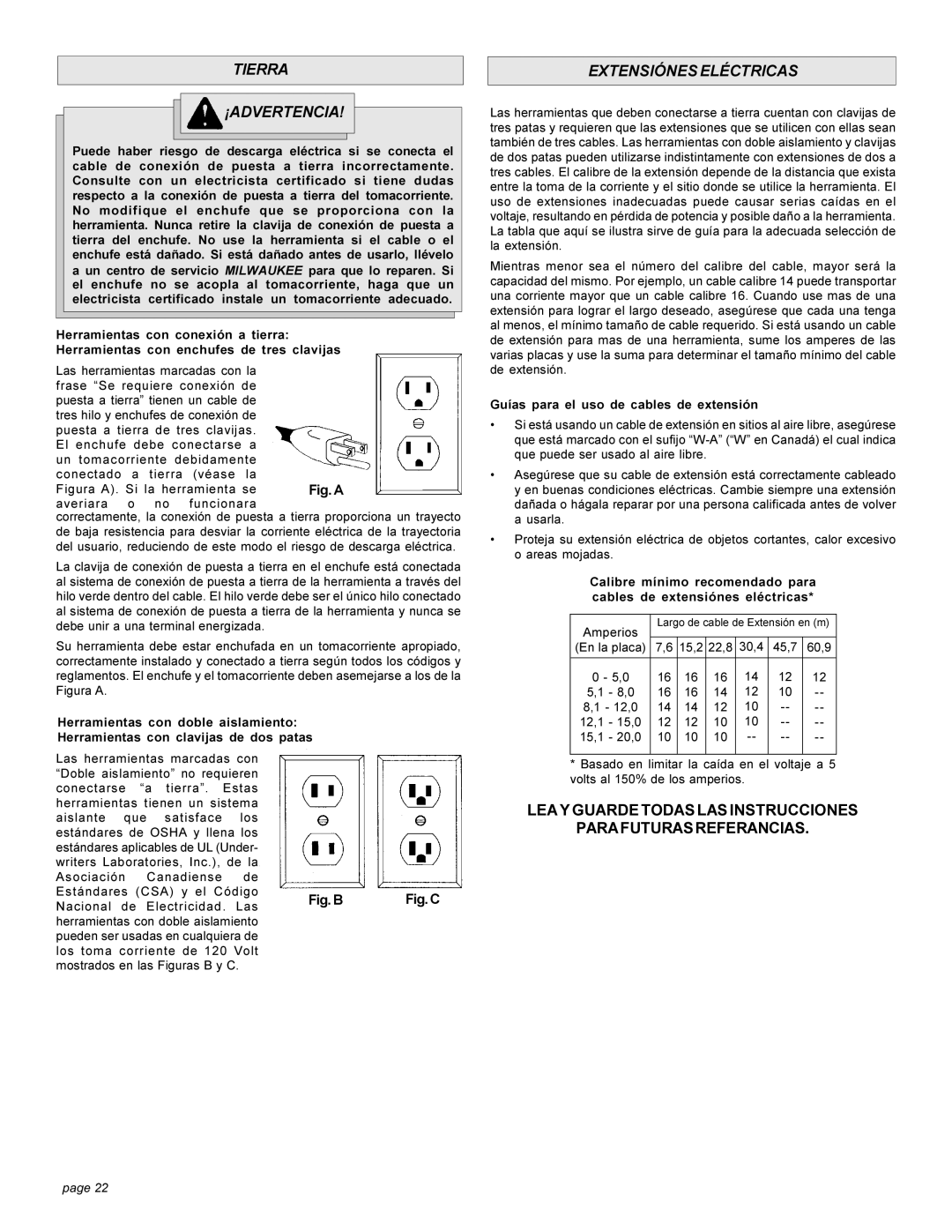 Milwaukee 4270-20 manual Tierra ¡ADVERTENCIA, Extensiónes Eléctricas, Guías para el uso de cables de extensión 