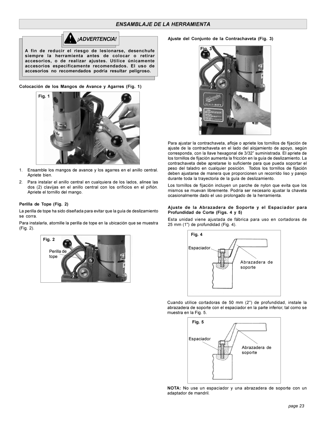 Milwaukee 4270-20 manual Ensamblaje DE LA Herramienta ¡ADVERTENCIA, Perilla de Tope Fig 