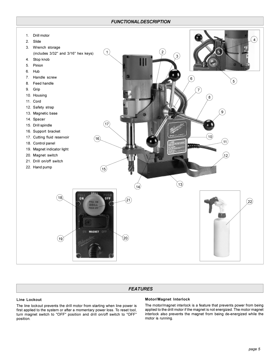 Milwaukee 4270-20 manual Functionaldescription, Features, Line Lockout, Motor/Magnet Interlock 