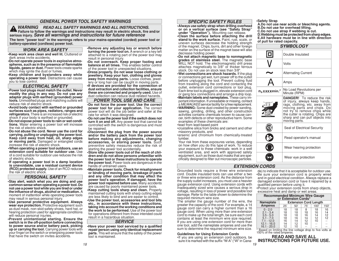 Milwaukee 4270-59 General Power Tool Safety Warnings, Electrical Safety, Power Tool USE and Care, Specific Safety Rules 