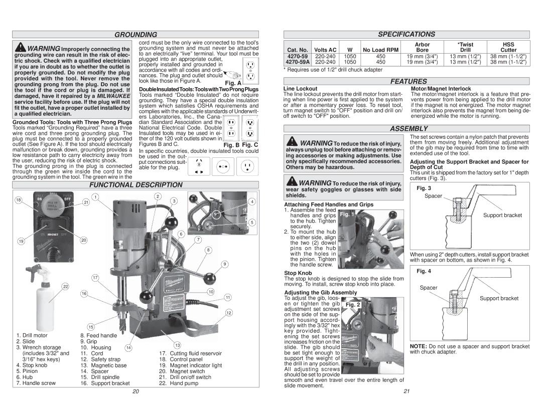 Milwaukee 4270-59A manual Grounding Specifications, Features, Assembly, Functional Description 