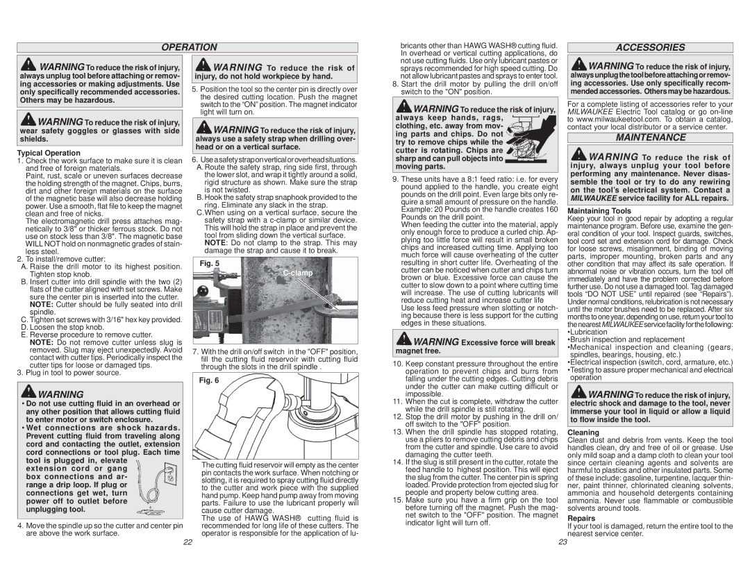 Milwaukee 4270-59A manual Operation, Accessories, Maintenance, Clamp 