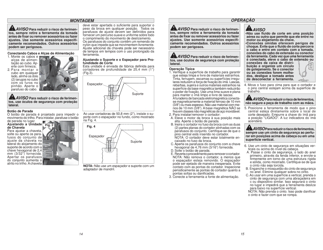 Milwaukee 4270-59 manual Montagem Operação, Aviso, Conectando Cabos e Alças de Alimentação, Ajustando a Unidade de Chaveta 