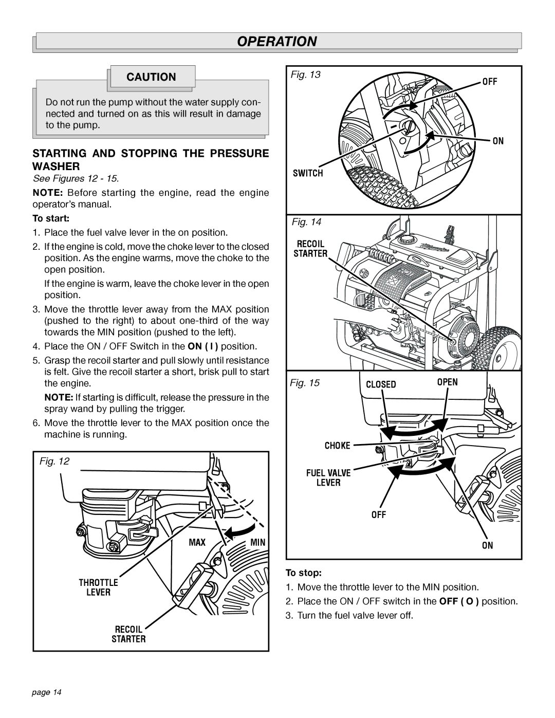 Milwaukee 4555-22 manual Starting and Stopping the Pressure Washer, To start, To stop 