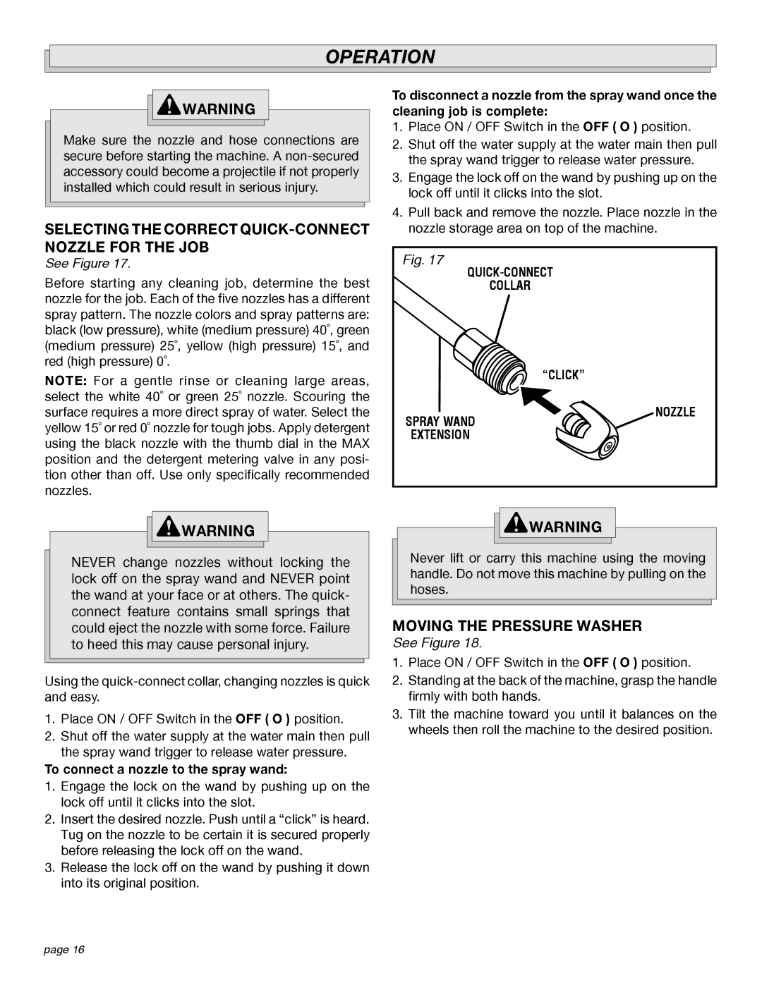 Milwaukee 4555-22 manual Selecting the Correct QUICK-CONNECT Nozzle for the JOB, Moving the Pressure Washer 