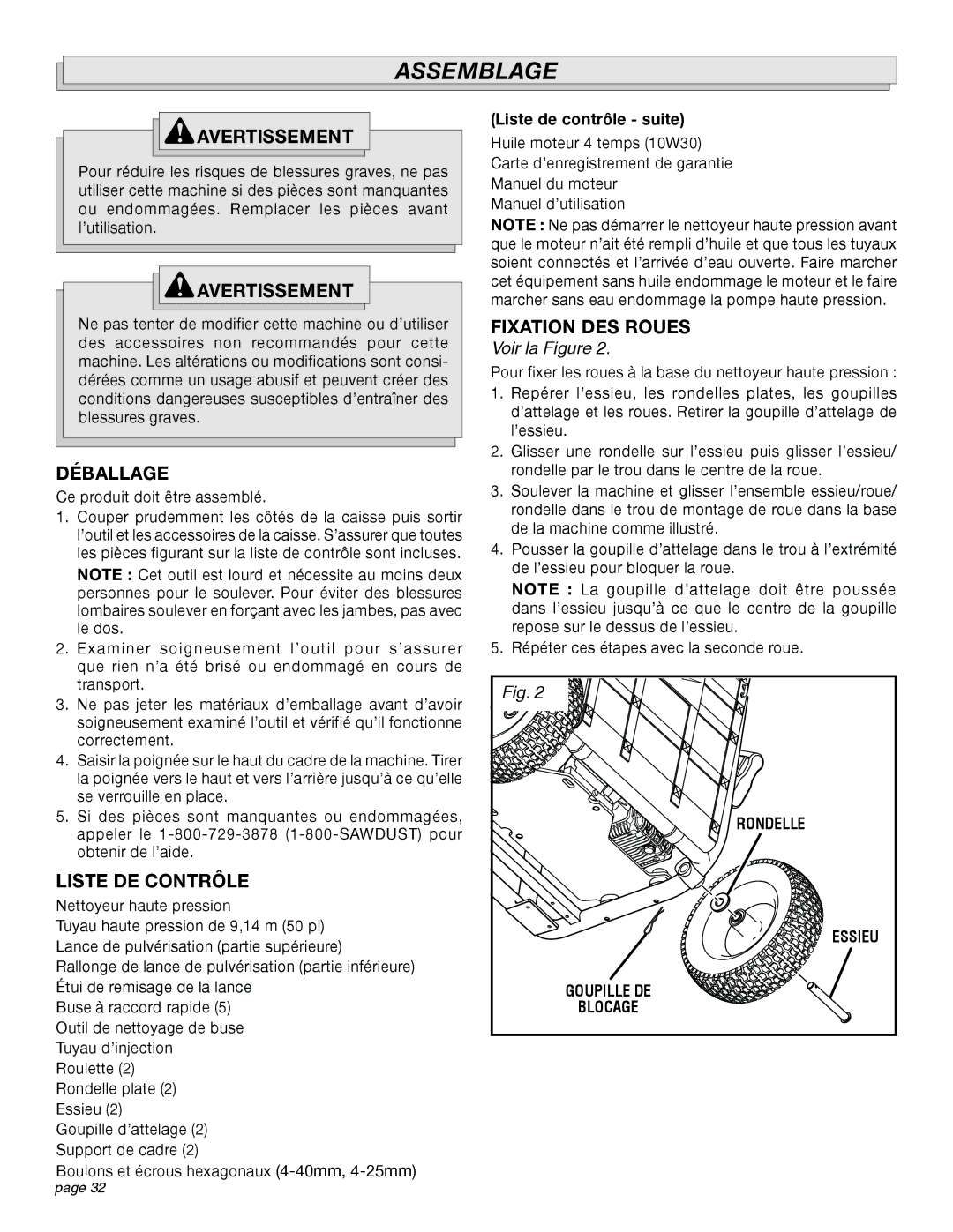 Milwaukee 4555-22 manual Assemblage, Avertissement, Déballage, Liste DE Contrôle, Fixation DES Roues 