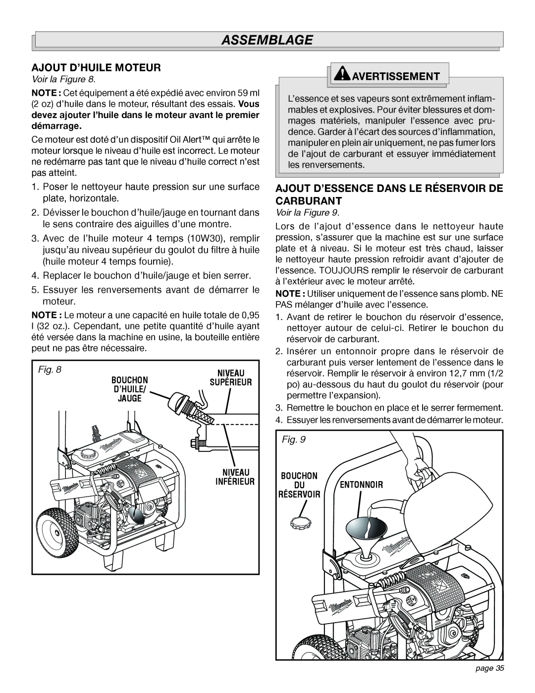 Milwaukee 4555-22 manual Ajout D’HUILE Moteur, Ajout D’ESSENCE Dans LE Réservoir DE Carburant 