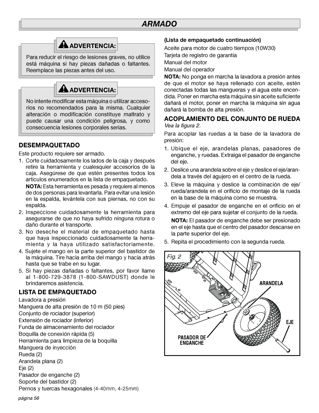 Milwaukee 4555-22 manual Armado, Advertencia, Desempaquetado, Lista DE Empaquetado, Acoplamiento DEL Conjunto DE Rueda 