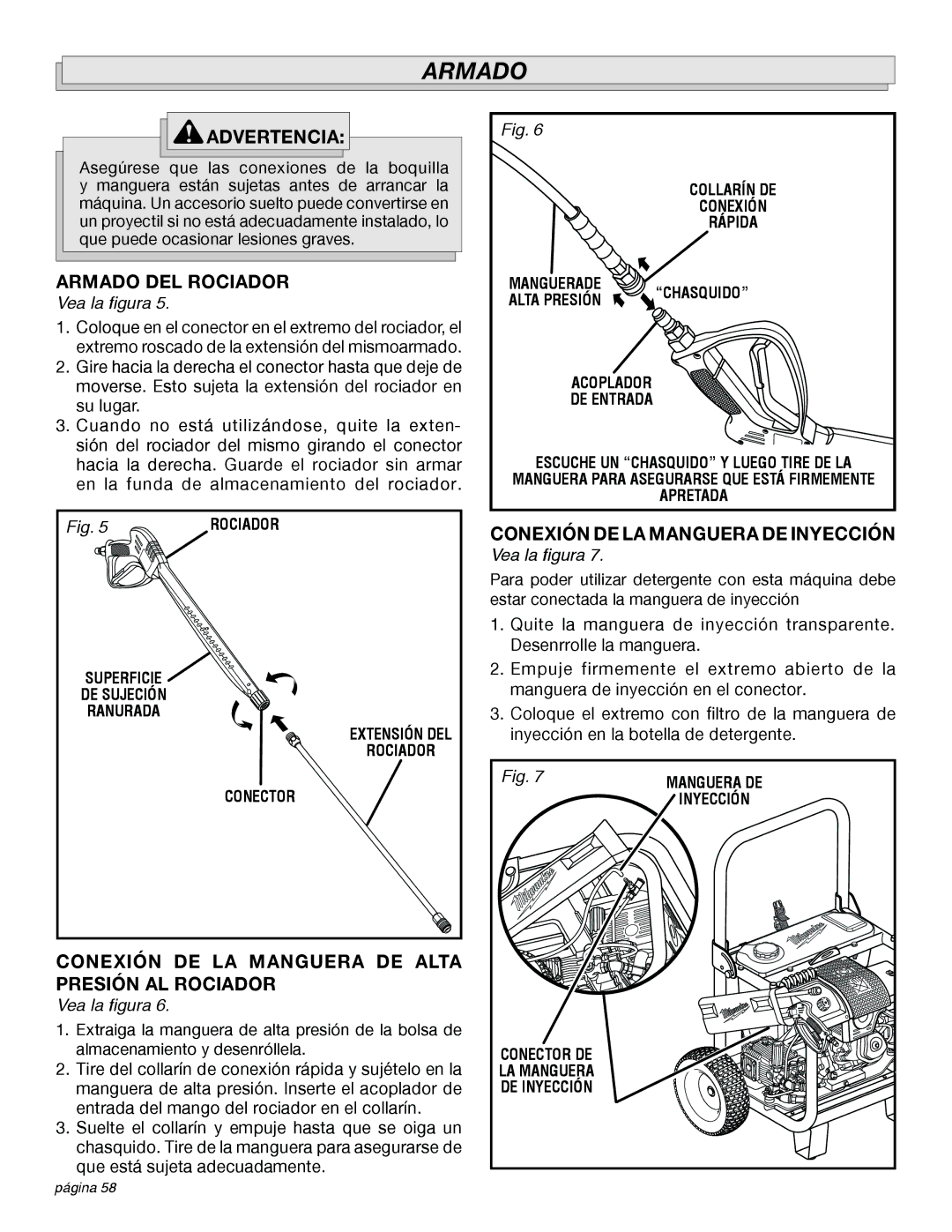 Milwaukee 4555-22 manual Armado DEL Rociador, Conexión DE LA Manguera DE Alta Presión AL Rociador 