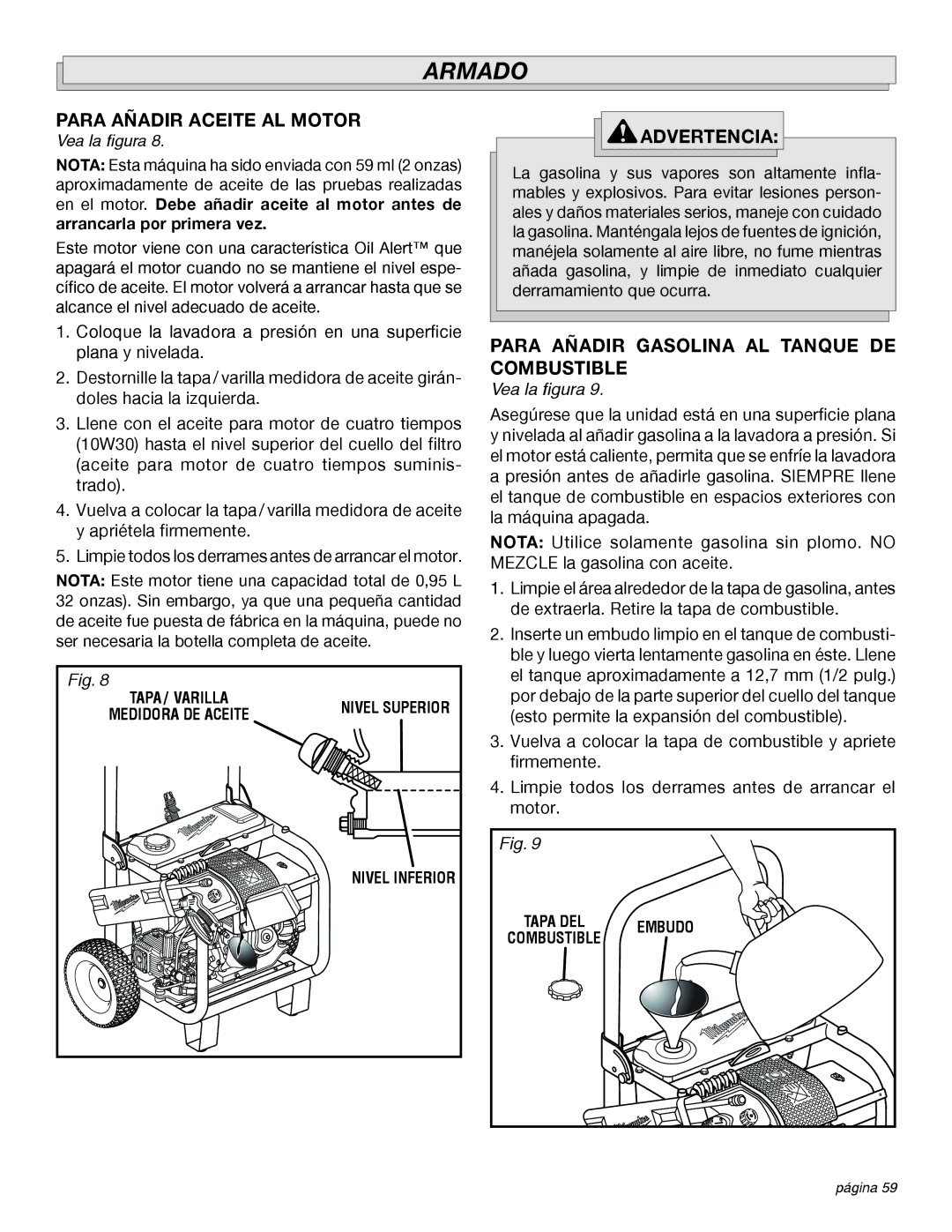 Milwaukee 4555-22 manual Para Añadir Aceite AL Motor, Para Añadir Gasolina AL Tanque DE Combustible 