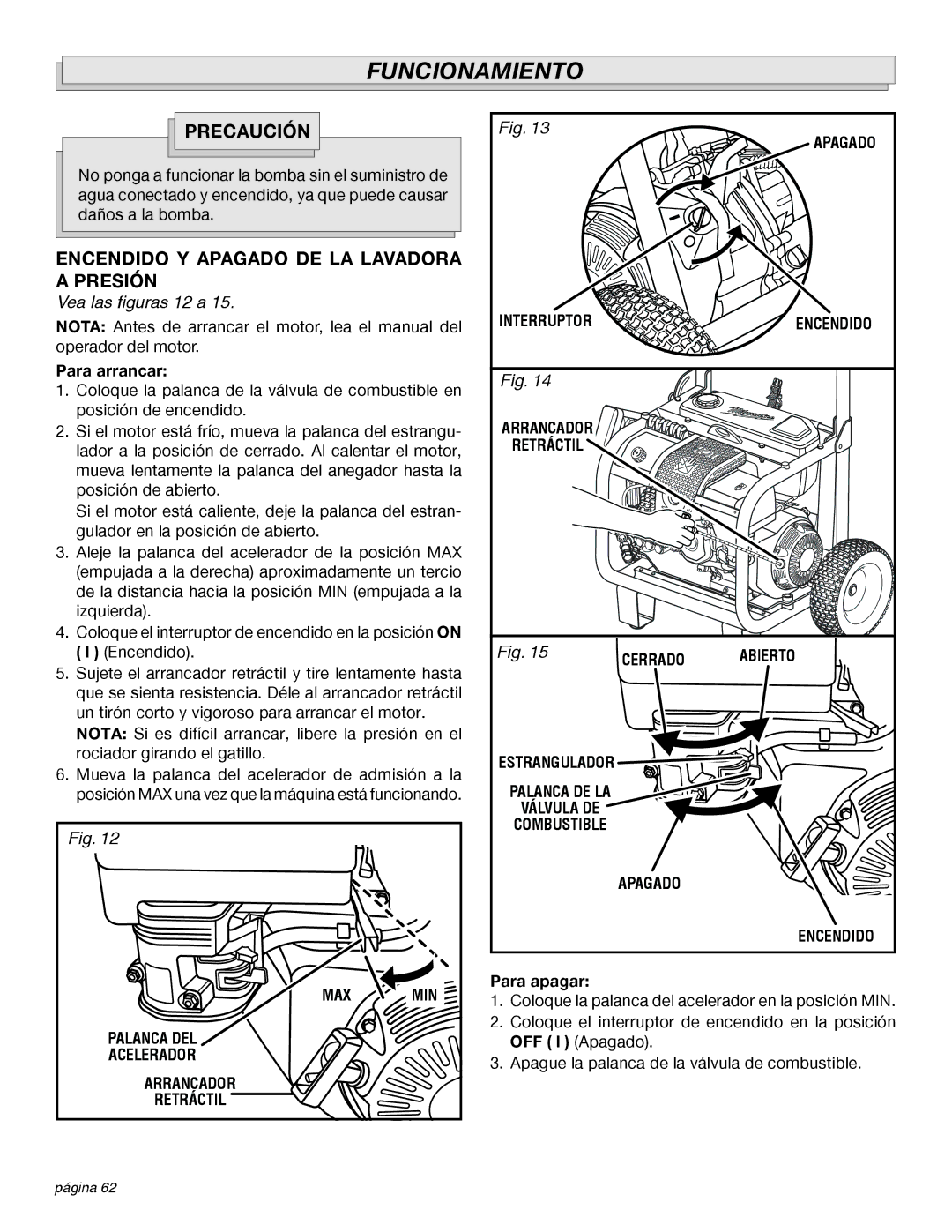 Milwaukee 4555-22 manual Encendido Y Apagado DE LA Lavadora a Presión, Vea las figuras 12 a, Para arrancar, Para apagar 