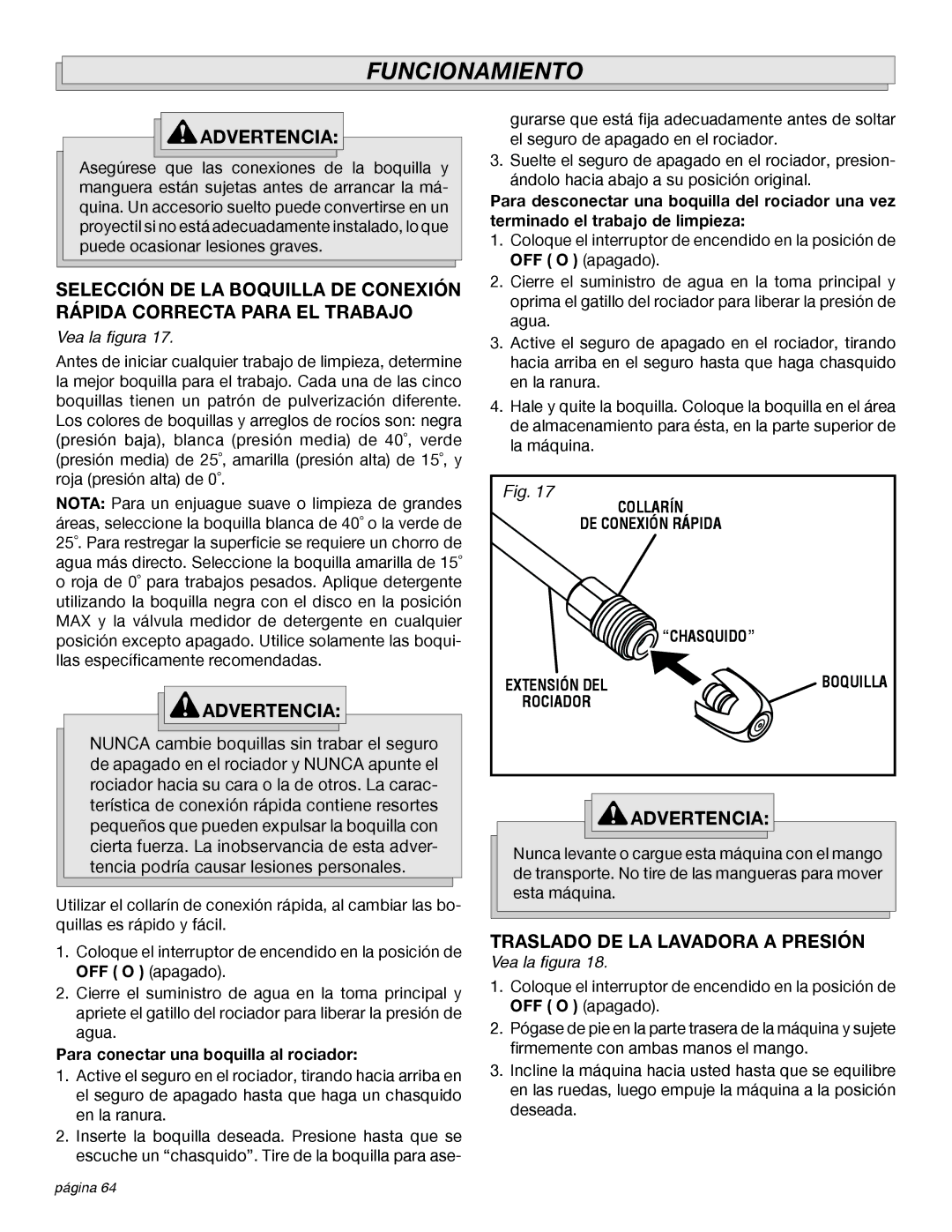 Milwaukee 4555-22 manual Traslado DE LA Lavadora a Presión, Para conectar una boquilla al rociador 