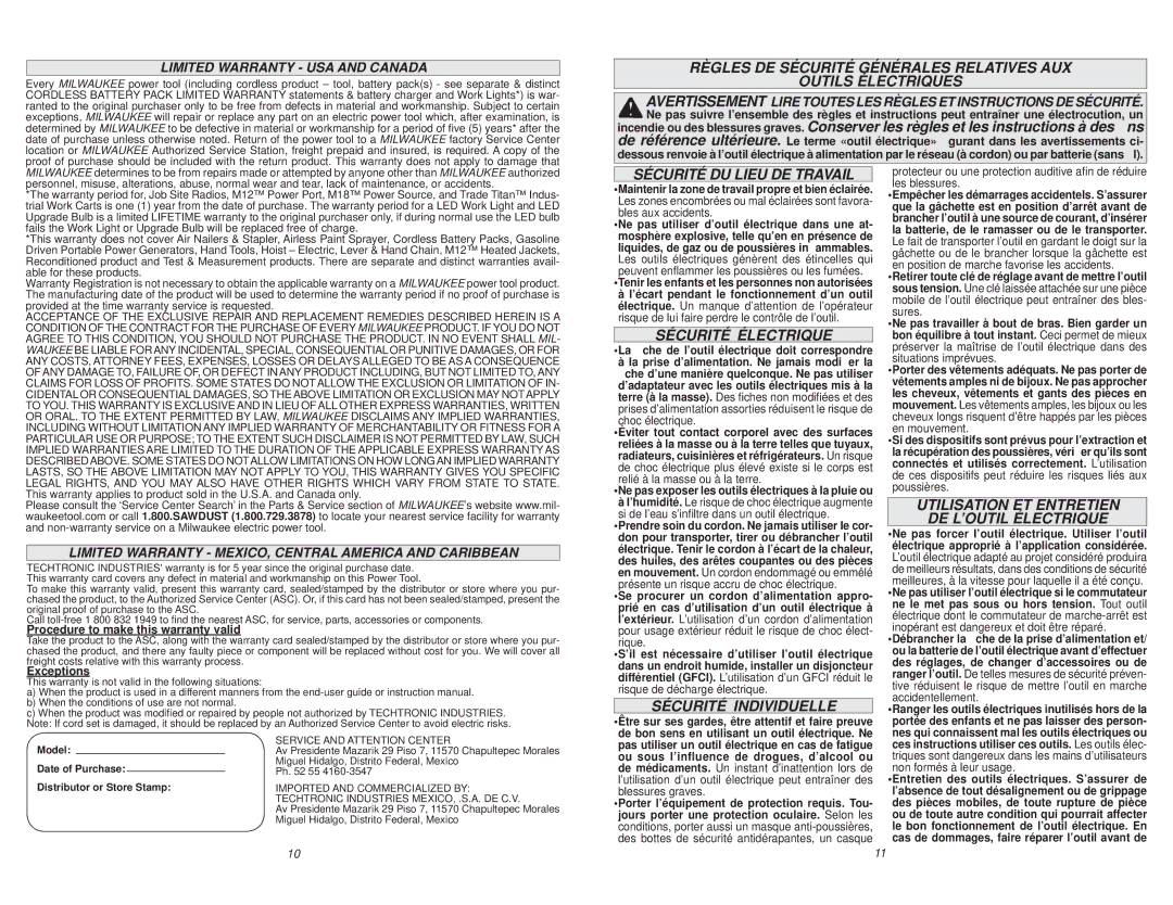 Milwaukee 48-08-0260 manual Sécurité DU Lieu DE Travail, Sécurité Électrique, Sécurité Individuelle 