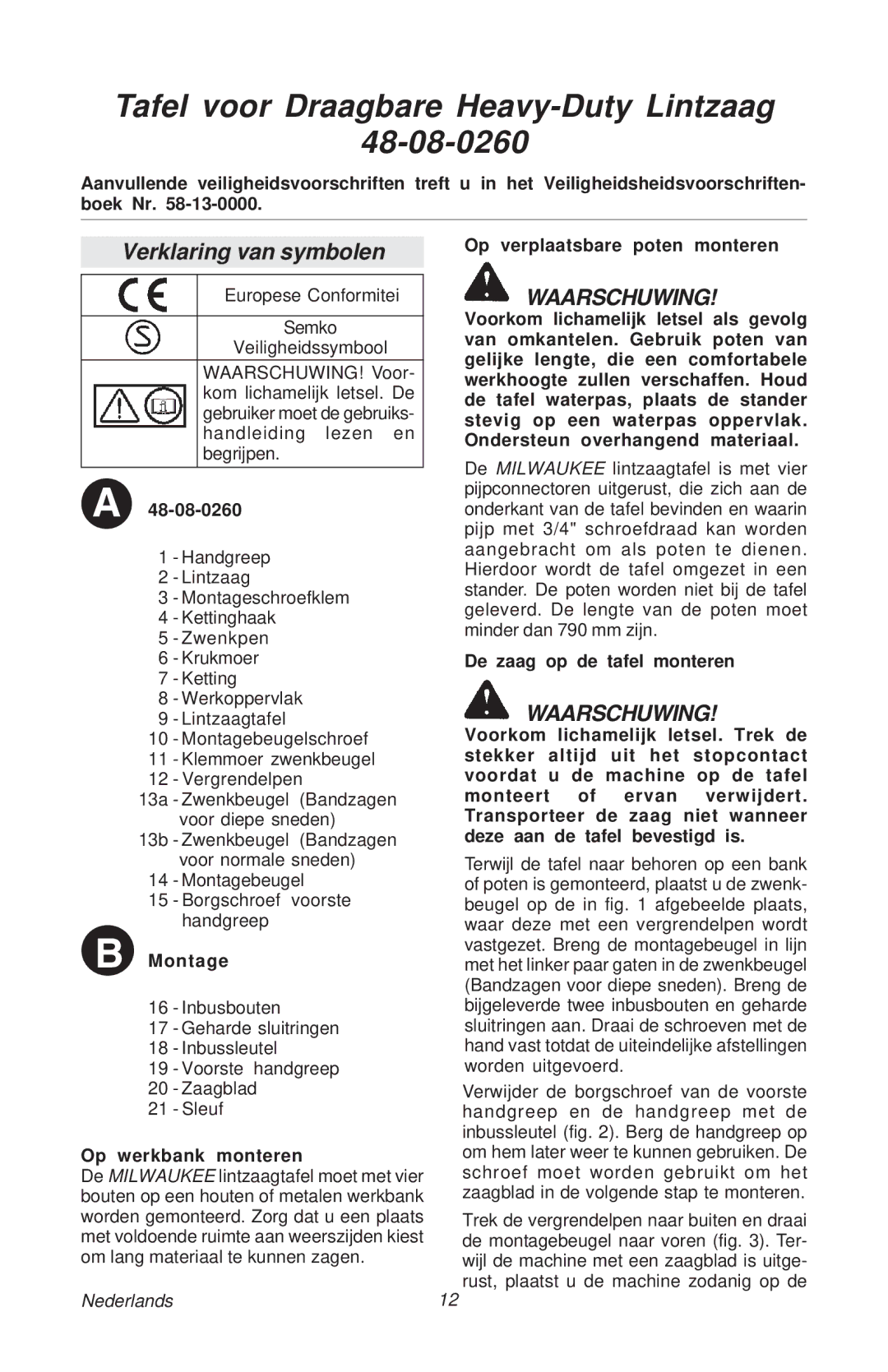 Milwaukee manual Tafel voor Draagbare Heavy-Duty Lintzaag 48-08-0260, Verklaring van symbolen 